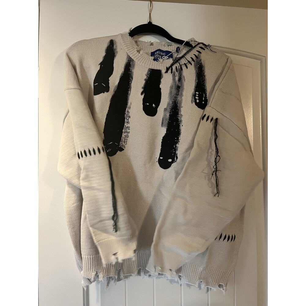 Aelfric Eden Ghost Sweater - White With Black Ghosts- Distressed - New - XS